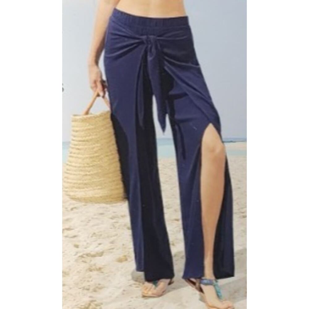 NWT Serra Navy Blue Beach Pants Sz L Wide Leg Tie Waist High Slit Resort Casual